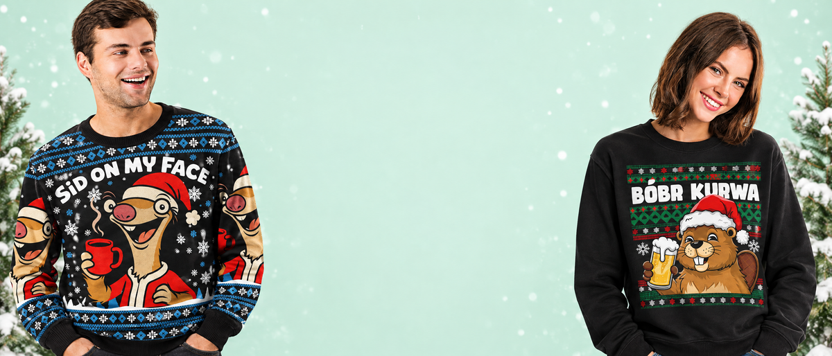 Twee personen in Sid on my Face- en Bóbr Kurwa-sweaters tegen een mintgroene achtergrond